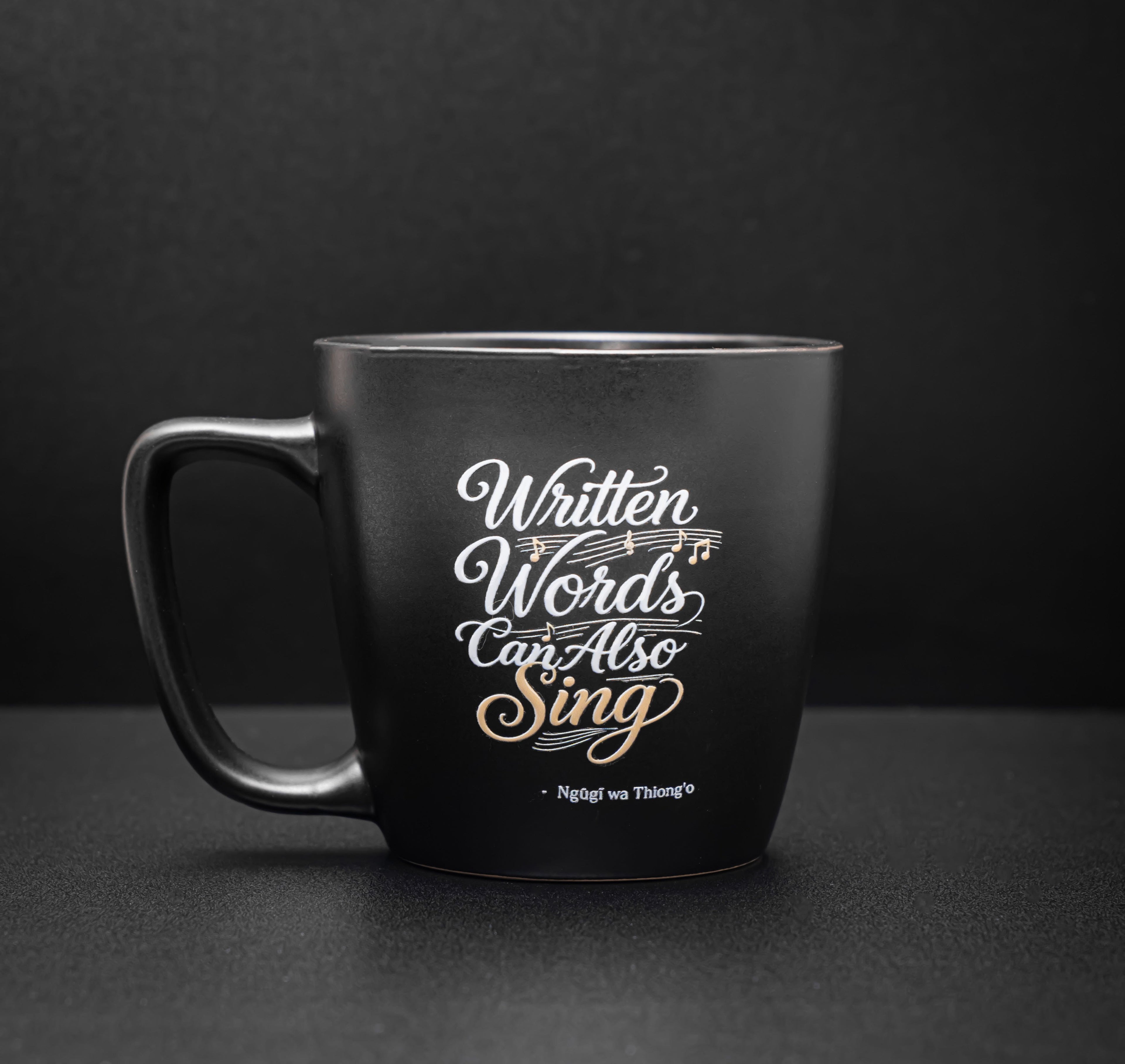 14 oz Solid Matte Black Stoneware Mug — Written Words Can Also Sing